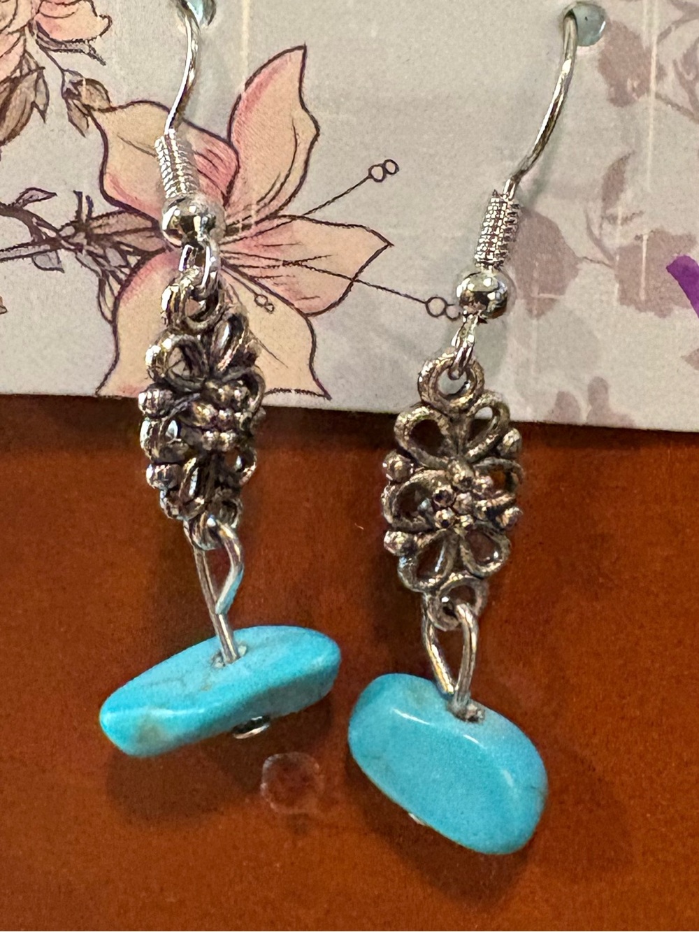 Turquoise Drop Dangle Earrings - Blue Floral Silver Accent